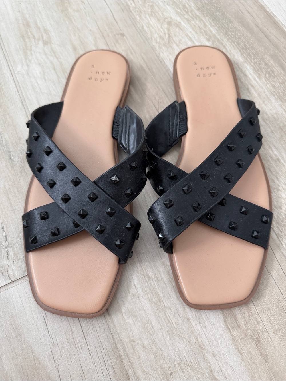 a new day Black Pyramid-Stud Crisscross Slide Sandals